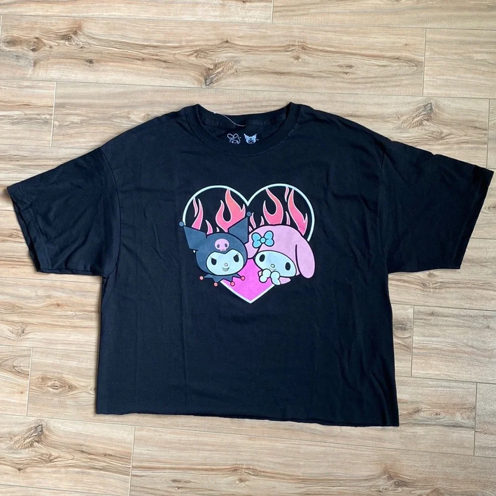 My Melody & Kuromi Flame Heart Black Cotton Cropped Boyfriend T-Shirt Sz Large - Picture 7 of 7
